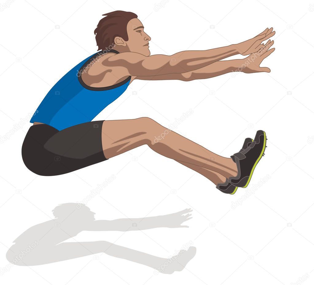 male long jump athlete, airborne isolated on a white background