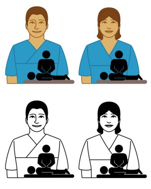 Bir dizi fizyoterapist vektör simgesi, erkek ve kadın, hasta, beyaz arka planda izole edilmiş.