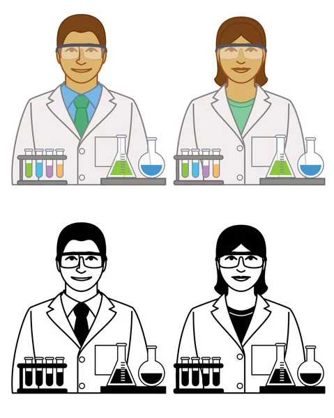 Conjunto Iconos Vectoriales Investigadores Ciencias Médicas Masculinos Femeninos Con Tubos — Archivo Imágenes Vectoriales