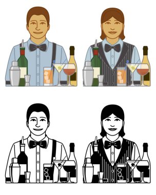 Beyaz arka planda şarap şişeleri, içecekleri ve karıştırıcısı olan kadın ve erkek barmen vektör simgeleri.