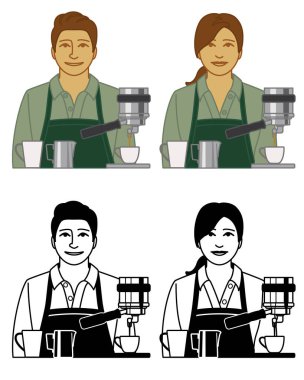 Kahve fincanı ve espresso makinesi beyaz arka planda izole edilmiş kadın ve erkek sunucu simgeleri.