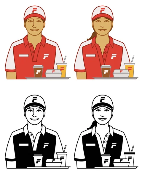 Set Van Fast Food Server Vector Pictogrammen Man Vrouw Met — Stockvector