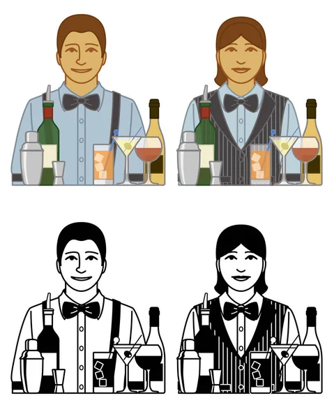 Set Iconos Vectoriales Camarero Macho Hembra Con Botellas Vino Bebidas — Archivo Imágenes Vectoriales