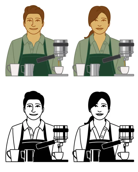 白い背景にコーヒーカップとエスプレッソメーカーが隔離された男性と女性のバリスタのアイコンのセット — ストックベクタ