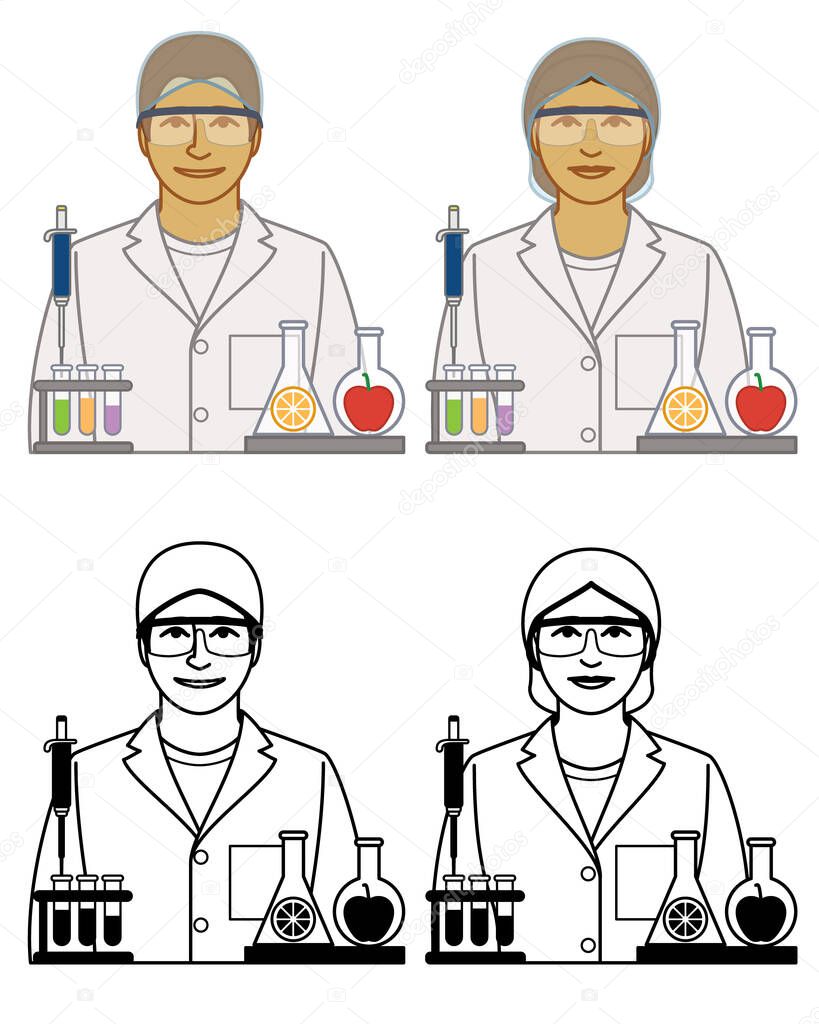 set of food technician, technologist, scientist vector icons male and female, with beakers and test tubes isolated on a white background