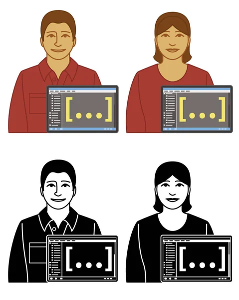 Conjunto Servicios Informáticos Programador Vectorial Iconos Macho Hembra Con Símbolo — Archivo Imágenes Vectoriales