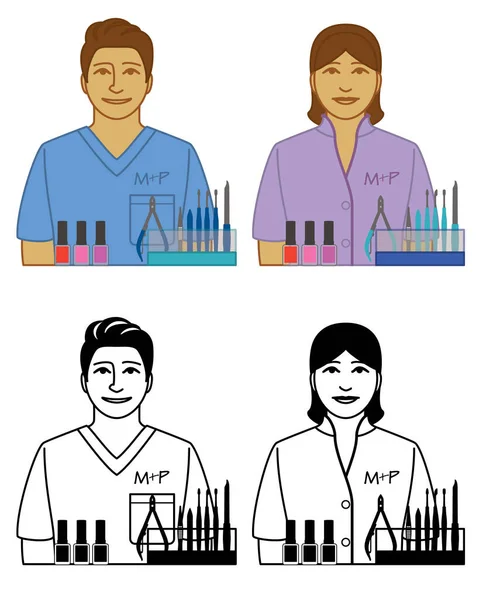 Conjunto Manicura Iconos Vectoriales Pedicura Macho Hembra Uniforme Con Esmalte — Archivo Imágenes Vectoriales