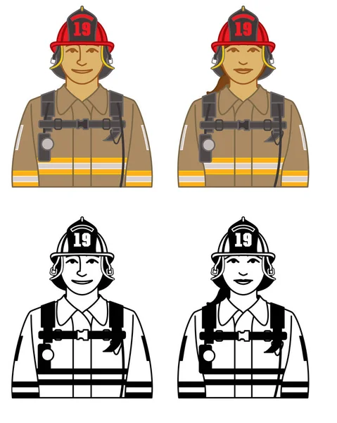 Set Pompieri Pompieri Icone Vettoriali Donna Fuoco Maschio Femmina Uniforme — Vettoriale Stock