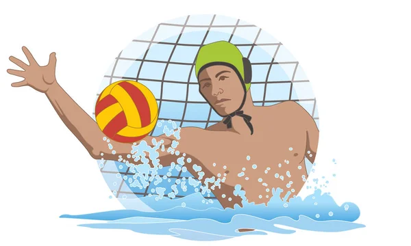 Water Polo Male Goalkeeper Saving Ball Net Isolated White Background — Stock Vector