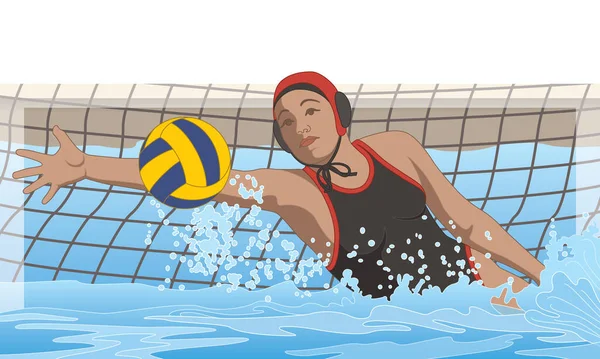 水球女子ゴールキーパー水泳プールのネットからボールを救う — ストックベクタ