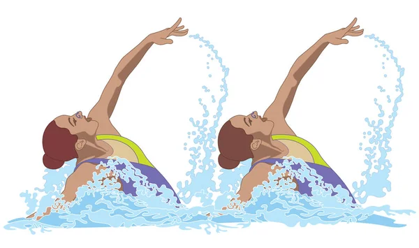 Synchronized Swimmers Duet Pose Splashing Out Water Isolated White Background — Stock Vector