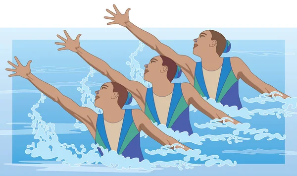 Nadadores Sincronizados Trío Pose Salpicando Fuera Del Agua — Vector de stock