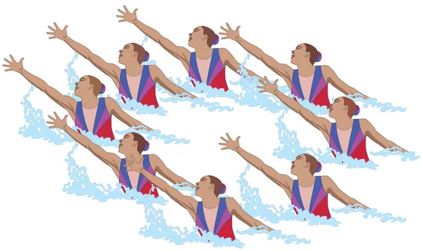 Nadadores Sincronizados Grupo Oito Pose Salpicando Para Fora Água Isolado — Vetor de Stock