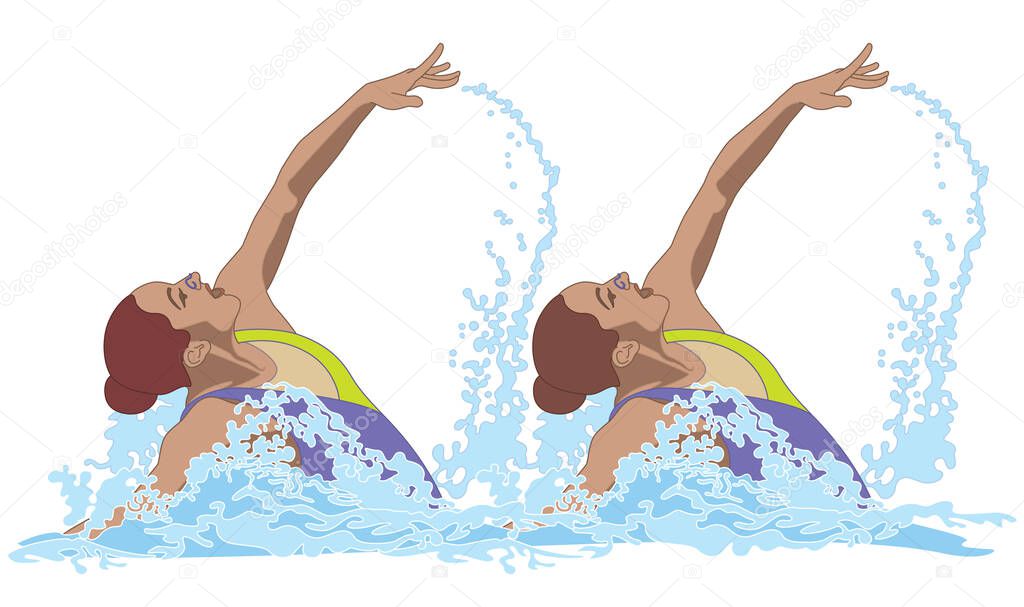 synchronized swimmers, duet in pose splashing out of water isolated on a white background