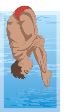 Dalgıç, erkek turna balığı pozisyonunda ve arkada yüzme havuzu var.