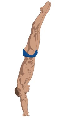 Dalgıç, erkek düz pozisyonda, beyaz bir arkaplanda izole edilmiş.