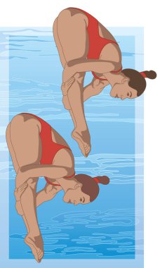 Dalgıçlar, arka planda yüzme havuzu olan senkronize mızrak pozisyonunda bir kadın.