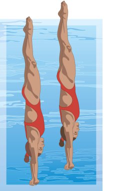 Dalgıçlar, kadın arka planda yüzme havuzuyla senkronize pozisyonda.