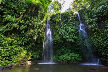 Endonezya dili üzerinde iplik ağlar şelale güneşli günde Lombok Adası
