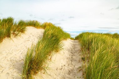 Güneşli bir günde gökyüzünde bulutlar olan bir adada, deniz kenarındaki kum tepesinden manzara