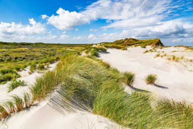 Gökyüzünde bulutlar olan güneşli bir günde, yeşil bir vadide, deniz kenarındaki kum tepesinden manzara