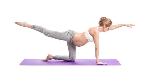 Full Body Portrait Pregnant Woman Doing Yoga Purple Exercise Mat — Stock Photo, Image