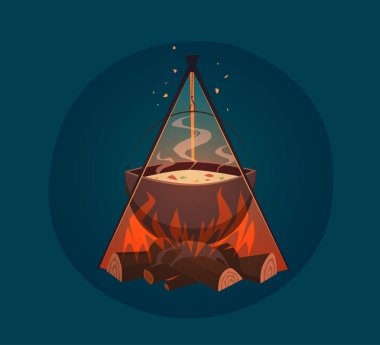 Kamp ateşi üzerinde yemek. Vektör çizim.