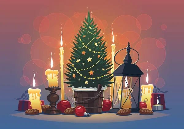 Stilleben Med Ljus Och Julgran Christmas Gratulationskort Bakgrund Affisch Vektorillustration — Stock vektor