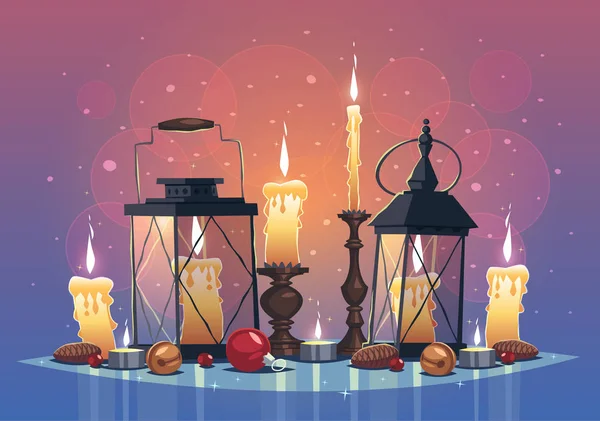 Gyertyák Lámpák Készlete Karácsonyi Üdvözlőlap Háttér Poszter Vektoros Illusztráció — Stock Vector