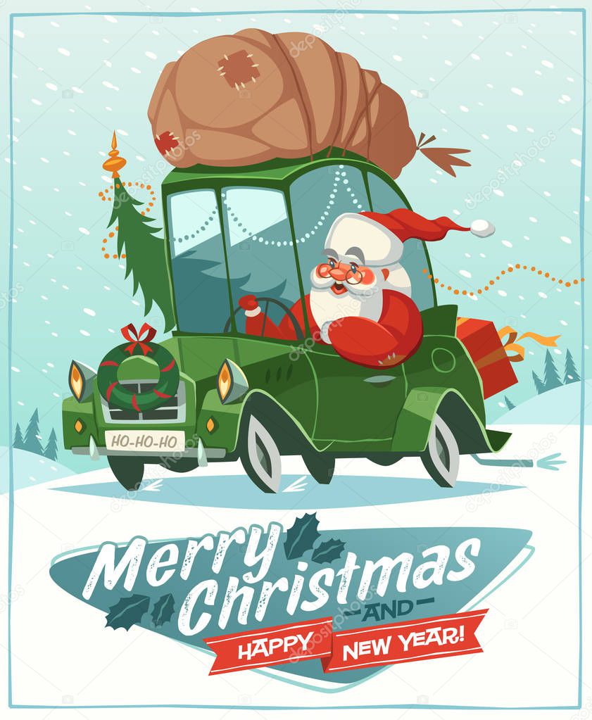 Santa Claus drives an old car. Christmas greeting card \ background \ poster. Vector illustration.