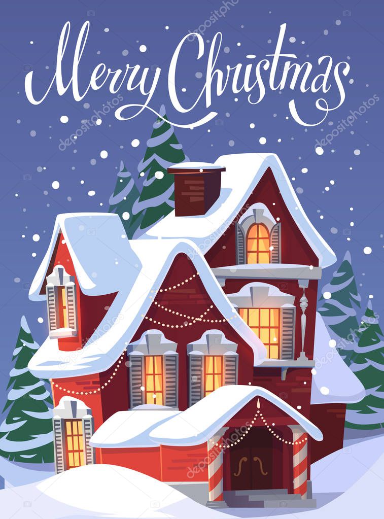 House in snowfall. Christmas greeting card \ background \ poster. Vector illustration.