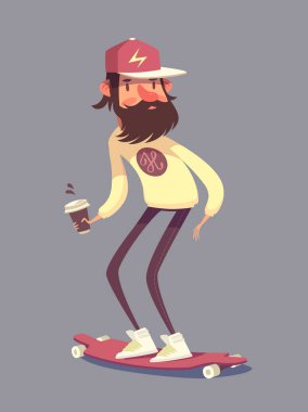 Hipster karakter longboard üzerinde. İzole vektör çizim