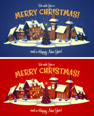 Tatil şehri. Noel kartı \ poster \ afiş. Vektör çizim.