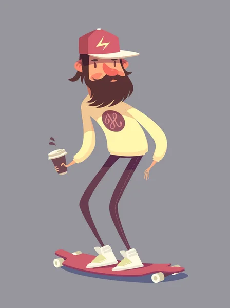 Hipster Character Longboard Isolated Vector Illustration — Stock Vector