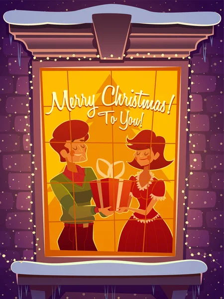 Pareja Feliz Dar Regalo Navidad Tarjeta Felicitación Cartel Banner Ilustración — Vector de stock