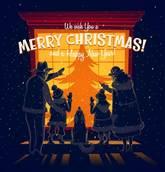 在窗前的家庭 圣诞贺卡 矢量插图 — 图库矢量图片