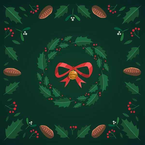 Kerst Krans Vierkante Frame Met Holly Maretak Spar Kegels — Stockvector