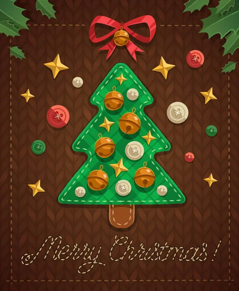 Frohe Weihnachten Grußkarte Mit Patchwork Weihnachtsbaum Auf Strickmuster — Stockvektor