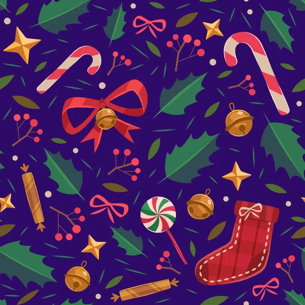 Patrón Sin Costuras Navidad Con Caramelos Cono Abeto Arcos Estrellas — Vector de stock