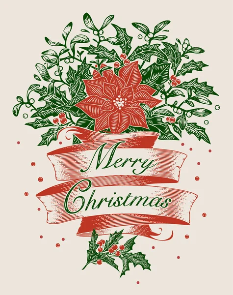 Arte Incisione Dell Annata Natale Cartolina Auguri Poster Banner Illustrazione — Vettoriale Stock