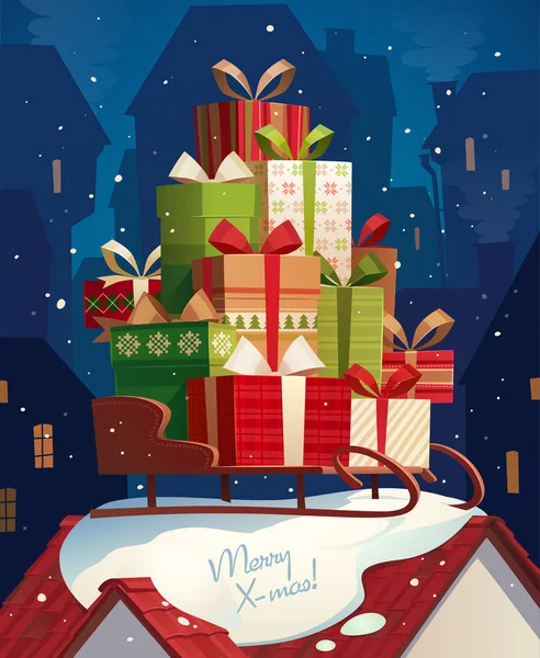 Έλκηθρο Του Βασίλη Χριστουγεννιάτικη Κάρτα Αφίσα Πανό Εικονογράφηση Διάνυσμα — Διανυσματικό Αρχείο