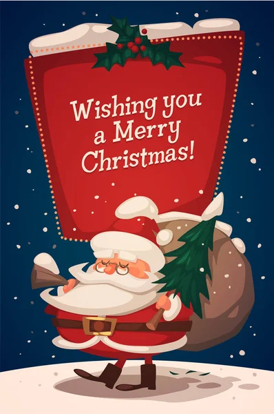 Cartão Natal Cartaz Bandeira Papai Noel Traz Presentes Abeto Ilustração — Vetor de Stock