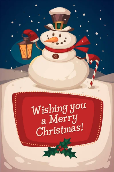 Tarjeta Felicitación Navidad Cartel Banner Muñeco Nieve Con Caramelo Ilustración — Vector de stock