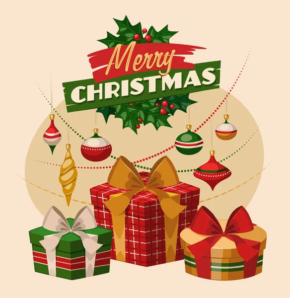 Weihnachtsgrußkarte Plakat Banner Geschenkboxen Und Dekorationen Vektor Illustration — Stockvektor