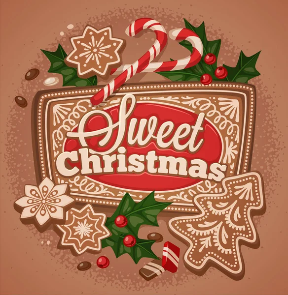 Weihnachten Gruß Card Poster Banner Holly Cookies Vektor Illustration — Stockvektor