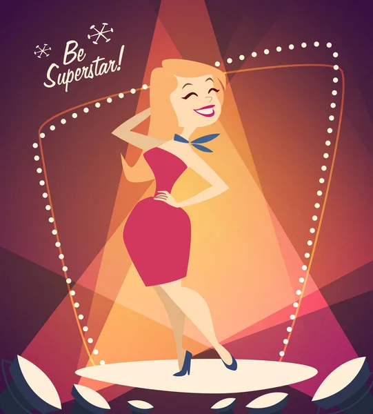 Una Chica Sonriente Podio Ilustración Estilo Retro Vectorial — Vector de stock