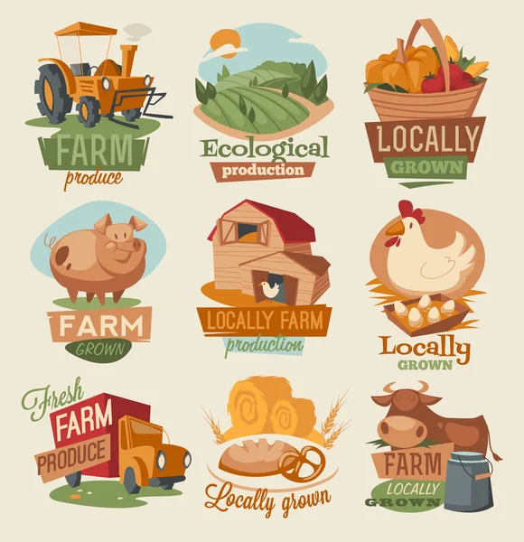 Ilustración Vectorial Emblemas Granja Retro — Vector de stock