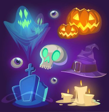 Spooky Halloween nesneler. Vektör çizim.