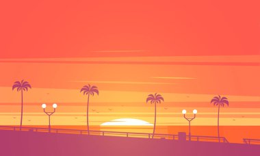 Sunset beach. Vektör çizim.