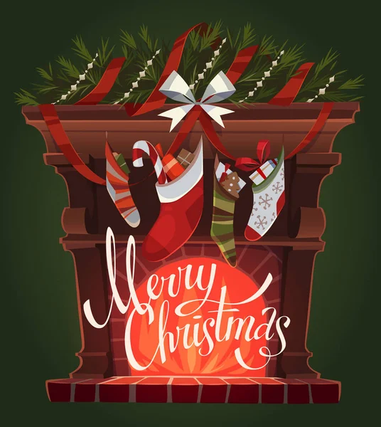 Lareira Decorada Cartão Natal Fundo Cartaz Ilustração Vetorial — Vetor de Stock